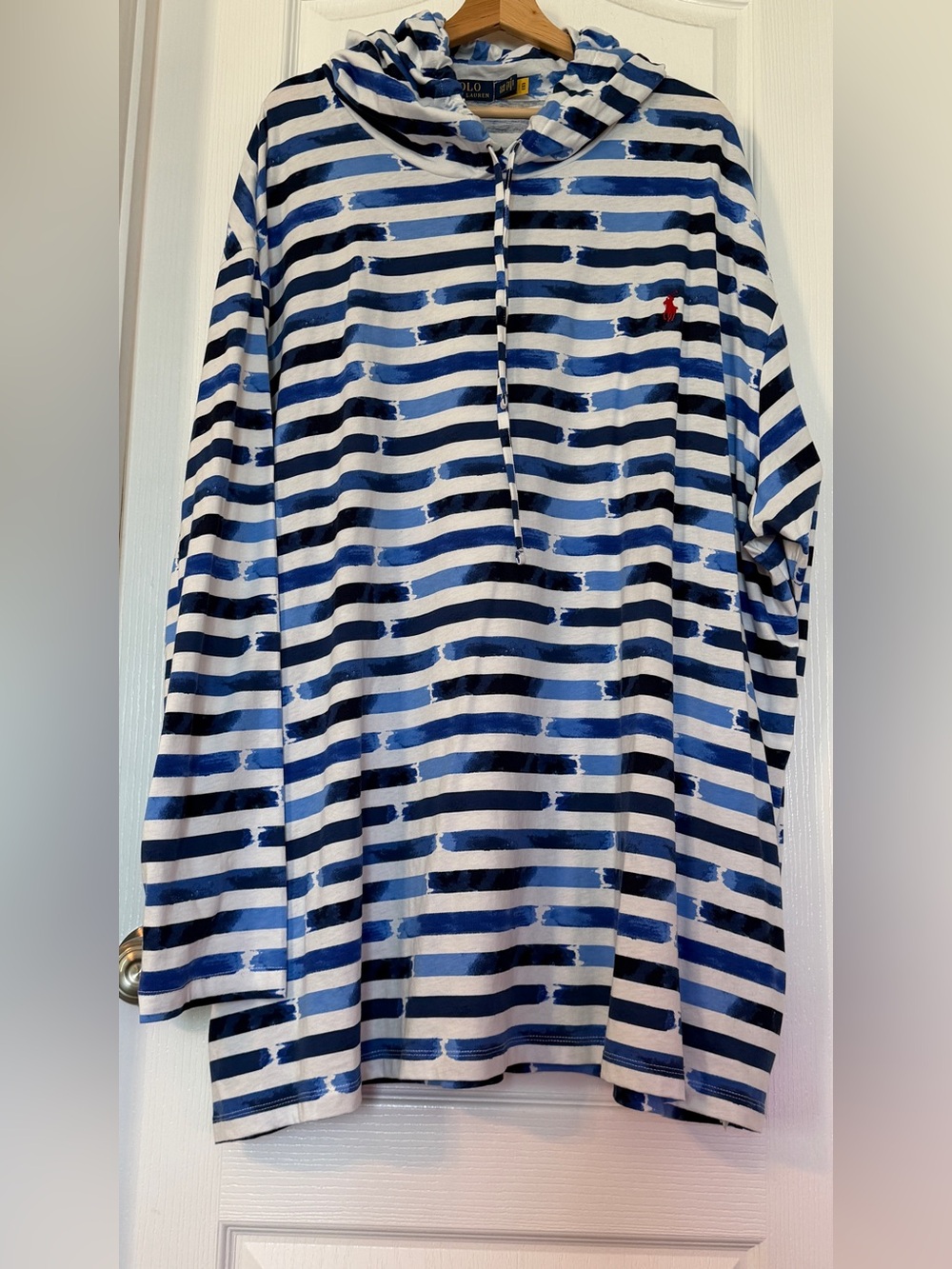 Men’s Polo Ralph Lauren Blue and White Striped Hoodie Sweatshirt Long Sleeve